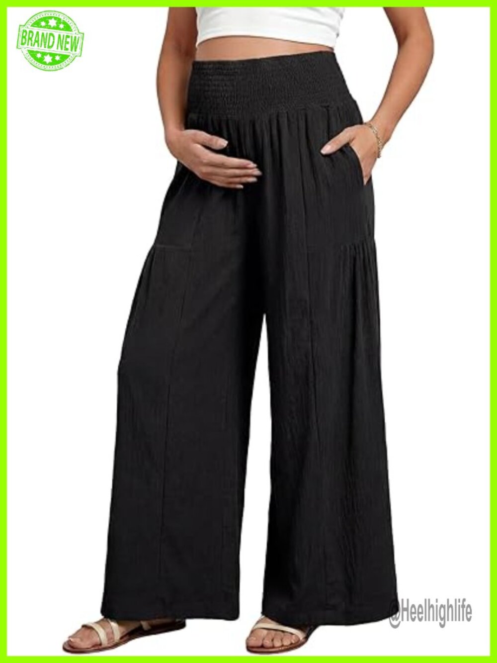 Maternity Smocked Waist Palazzo Pants Wide Leg Casual Trousers